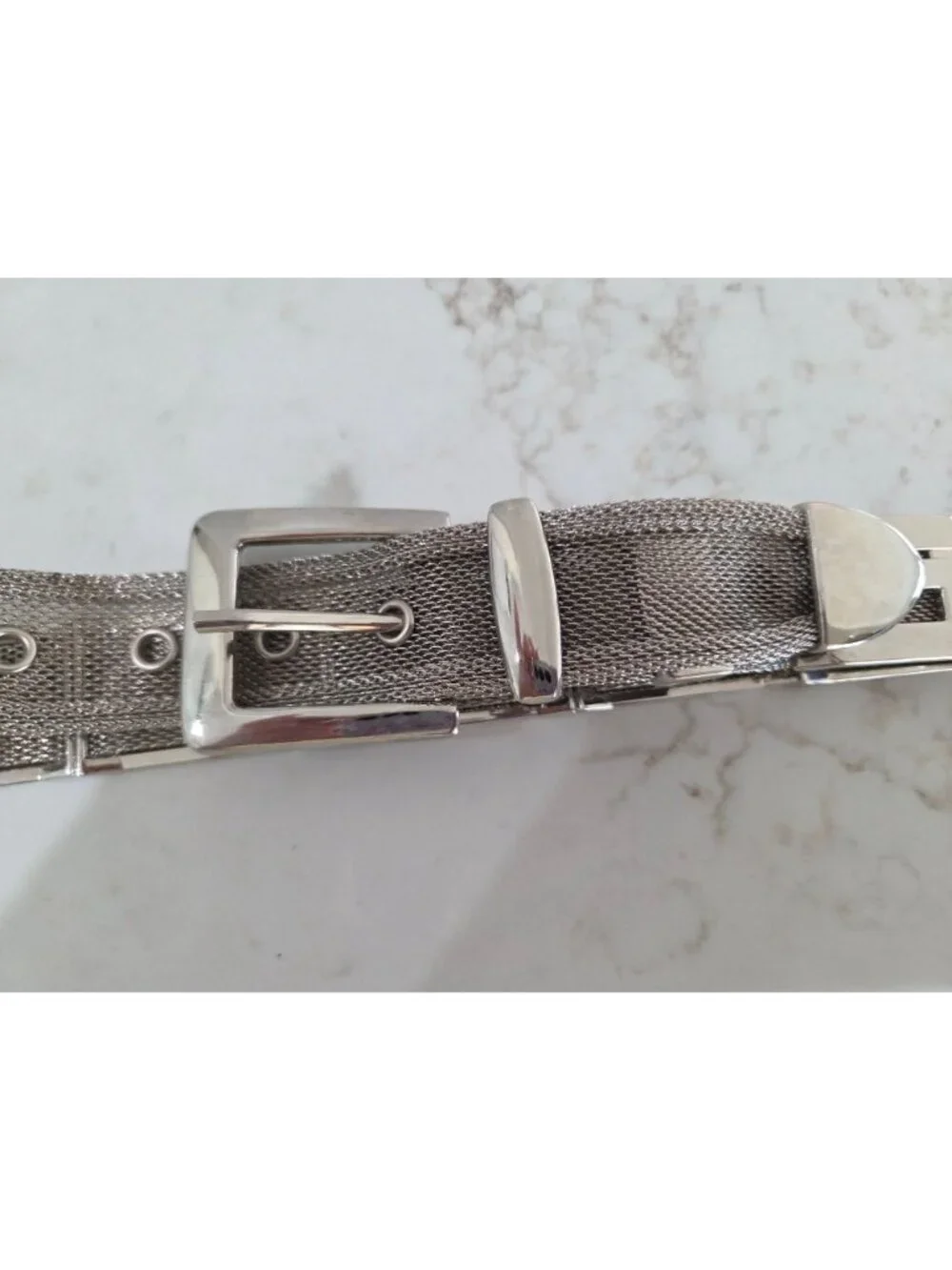Vintage Silver Metal Mesh Adjustable Belt Sz Small, G Design & Rectangular Links